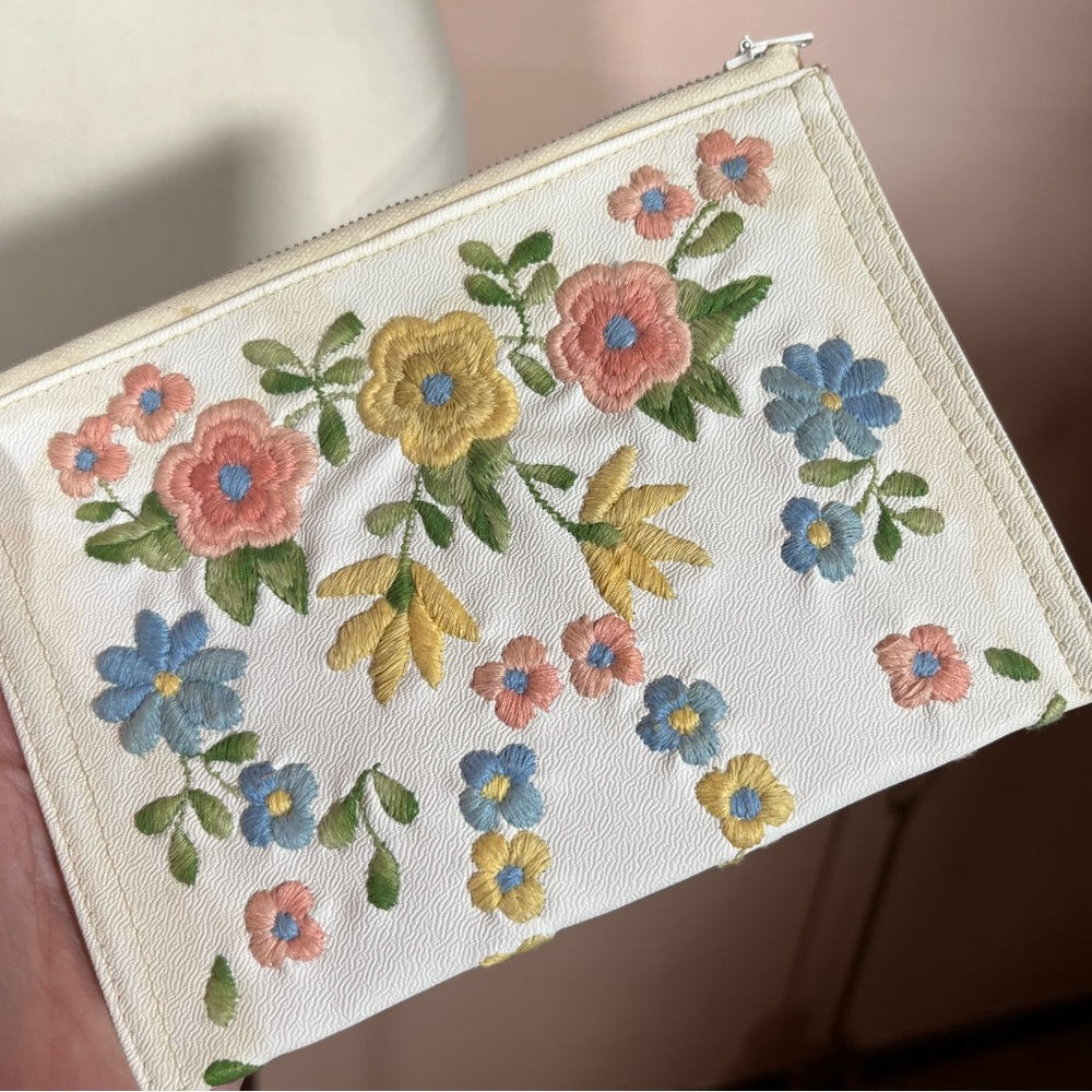 Vintage 40 50 Retro white Leather Pastel embroidered Cottagecore Clutch mini Bag - Picture 10 of 16